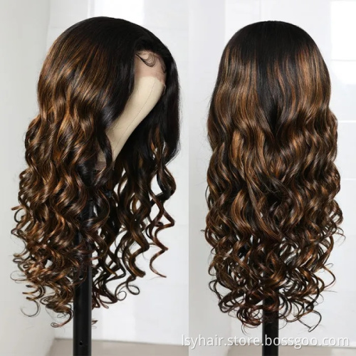 Lsybeauty Middle Part Body Wave Human Hair Wigs Brown Color Lace Wigs With #30 Color Highlights 150% Density
